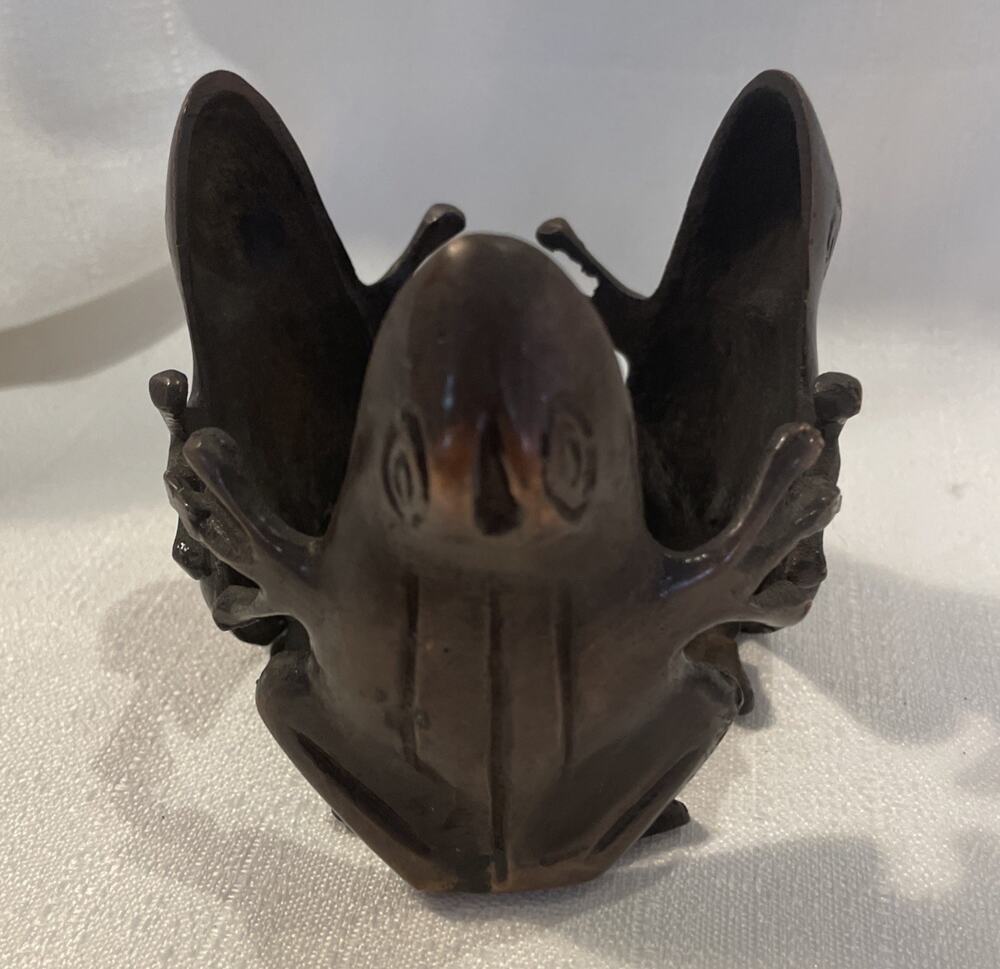 Rustic Bronze Metal Small Whimisical Frogs Arms Up Candle/small plant Holder 4”